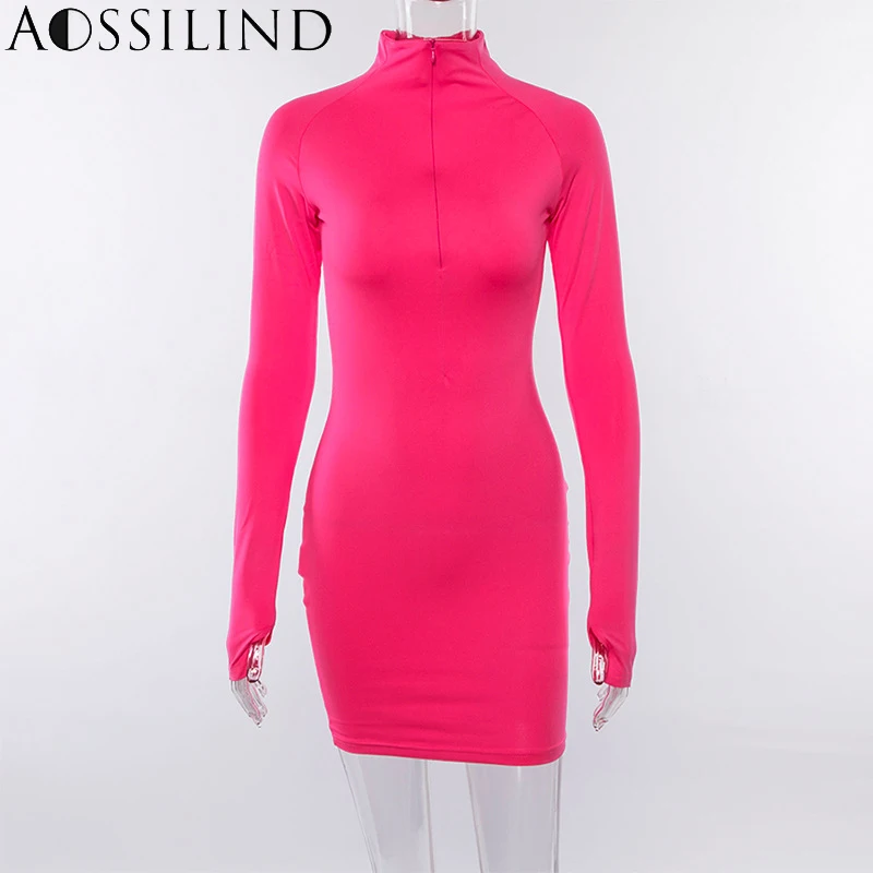 Short Style AOSSILIND, Осень-зима, водолазка с длинным рукавом, на молнии, сексуальные, облегающие, миди платья, женские, повседневные, облегающие, длинные, вечерние, Клубные платья - Цвет: Short Style