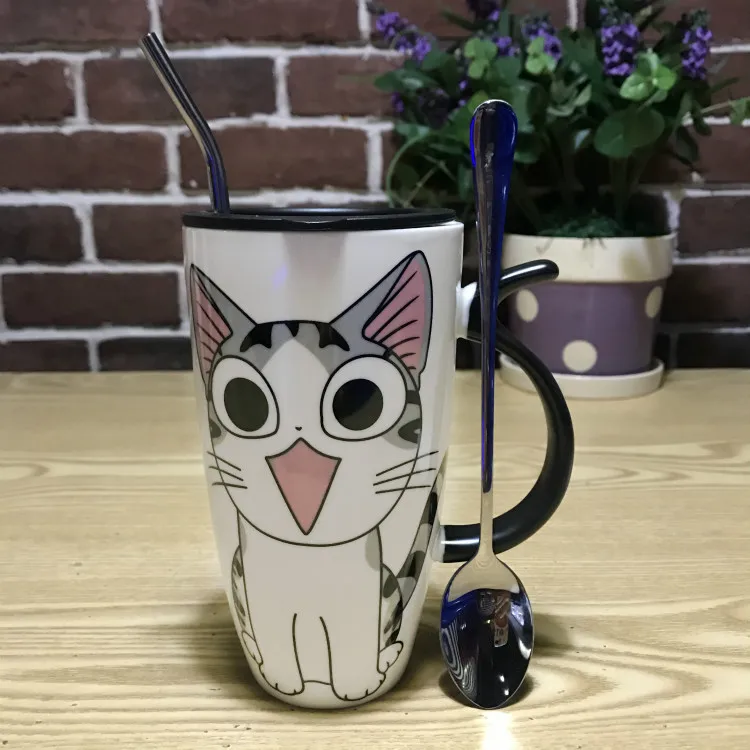 D with spoon straw Unibird 1 шт., милая кружка с рисунком кота из мультфильма, с соломенной ложкой и крышкой, Термостойкая керамическая чашка для молока и кофе, Подарочная фарфоровая чашка для девочек - Цвет: D with spoon straw