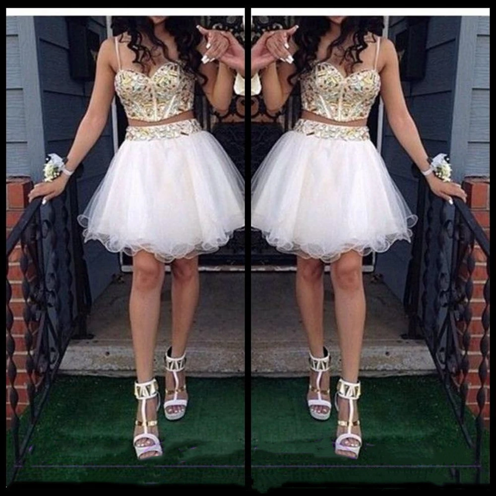2 Piece Ball Gown Homecoming Dresses With Gold Beaded Straps Tulle White Short Prom Dress Sweet 16 | Свадьбы и торжества