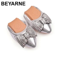 beyarne women dancing flats pointed toe with crystal bow knot patchwork microfiber shoes breathable black gold silver plus size