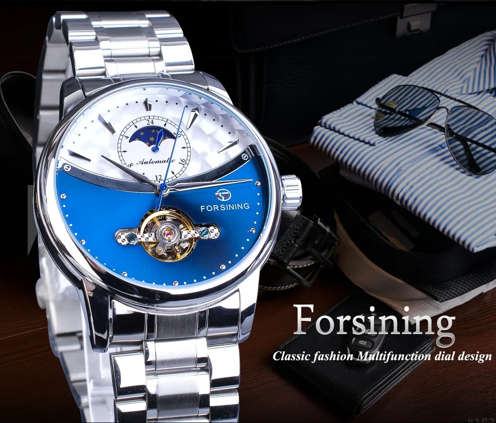 Forsining Blue Moon Phase автоматические мужские часы, деловые часы, повседневные, стальной ремешок, водонепроницаемые, спортивные, механические, Relogio Masculino