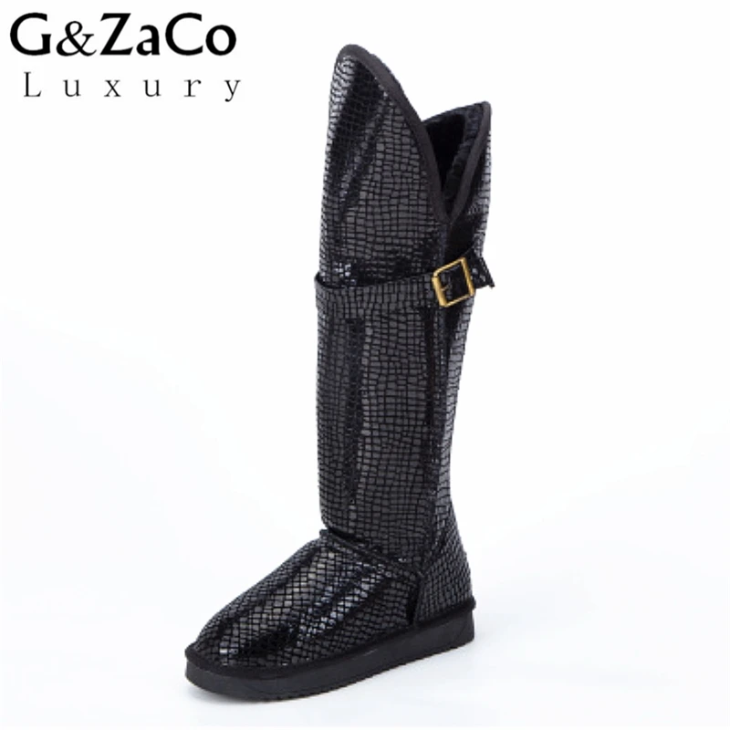 G& Zaco/роскошные новые зимние сапоги из натуральной воловьей кожи высокие зимние сапоги до колена женские водонепроницаемые сапоги на толстом меху с пряжкой - Цвет: black stone