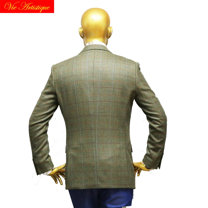 custom tailor made suits 3 pieces jacket pant vest Worsted wool Men's suit groom tuxedos army green tweed lattice plaid casual
