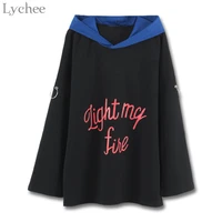 lychee punk women hooded t shirt ring letter print casual long sleeve oversize t shirt tee top female streetwear