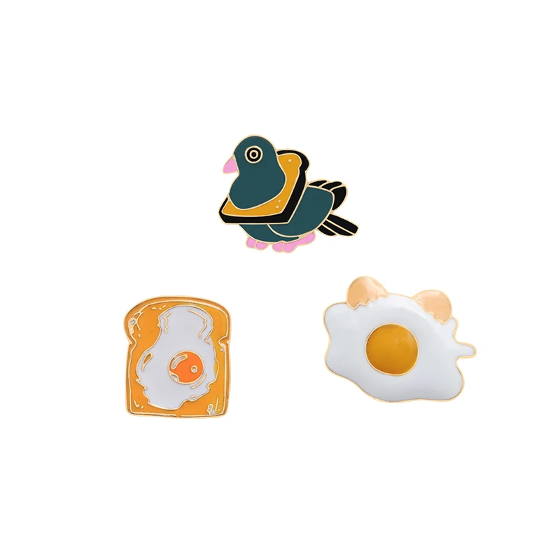 3pcs set 3 шт./компл., креативный жареный хлеб с яйцом, брошь с птицей, мультяшная еда, животные, эмалированные булавки, женские куртки, воротник, булавка для детей, плохой бижутерия, подарок - Окраска металла: 3pcs set