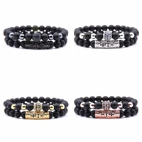 2pcsset 2018 new fashion lion crown couple charm with lava bead bracelet sets for men wristband jewelry accessories