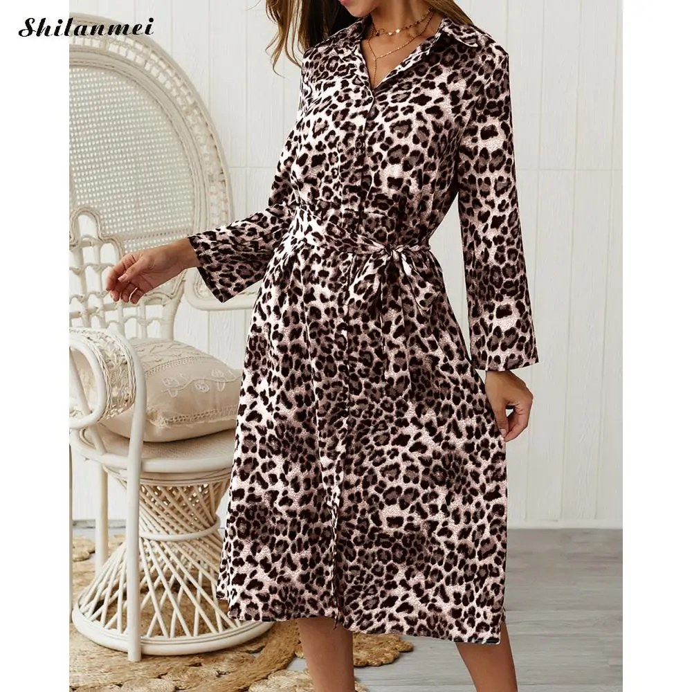 

Sexy Leopard Shirt Dress Women 2019 Spring Autumn Elegant V-Neck Slit Long Dress Retro Printed Long Sleeve Fashion Vestidos