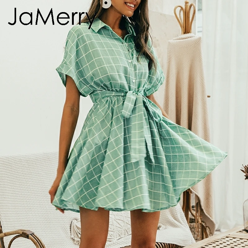 JaMerry, винтажное, элегантное, в клетку, с поясом, женское платье, короткий рукав, ТРАПЕЦИЕВИДНОЕ, повседневное, уличная одежда, женское, короткое платье, на пуговицах, летнее платье