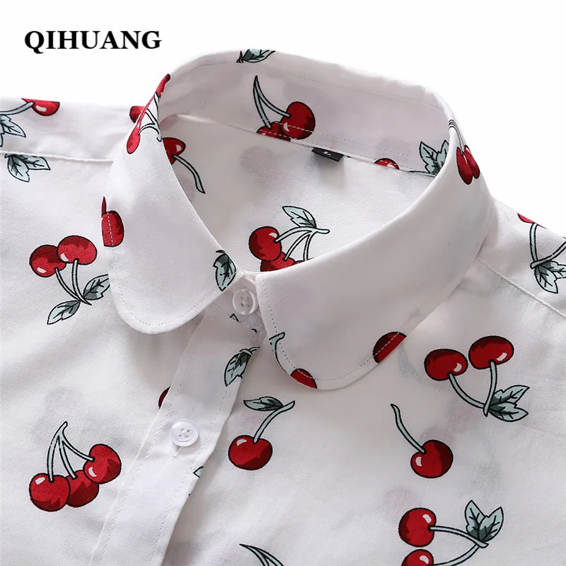 QIHUANG 2019 Fashion Women Blouse Cotton Cherry Print Long Sleeve Whiter Shirt Plus Size 5XL Tops and Blouses Streetwear | Женская