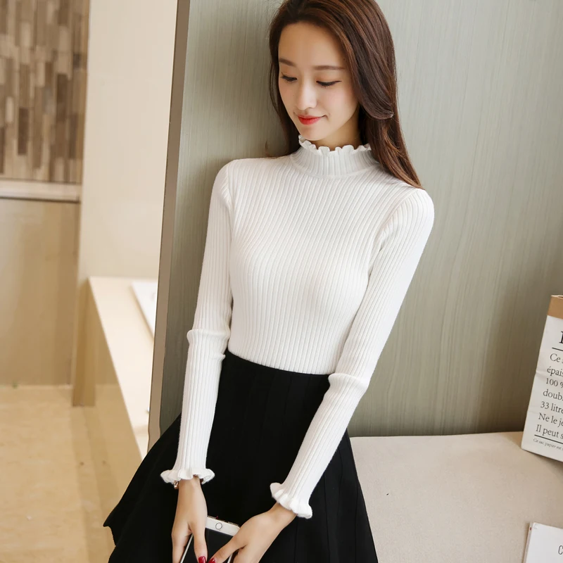 

Korean Women Knitted Sweaters and Pullovers Ruffled Turtleneck Long Sleeve Solid Slim blusas de inverno feminina Pull Femme