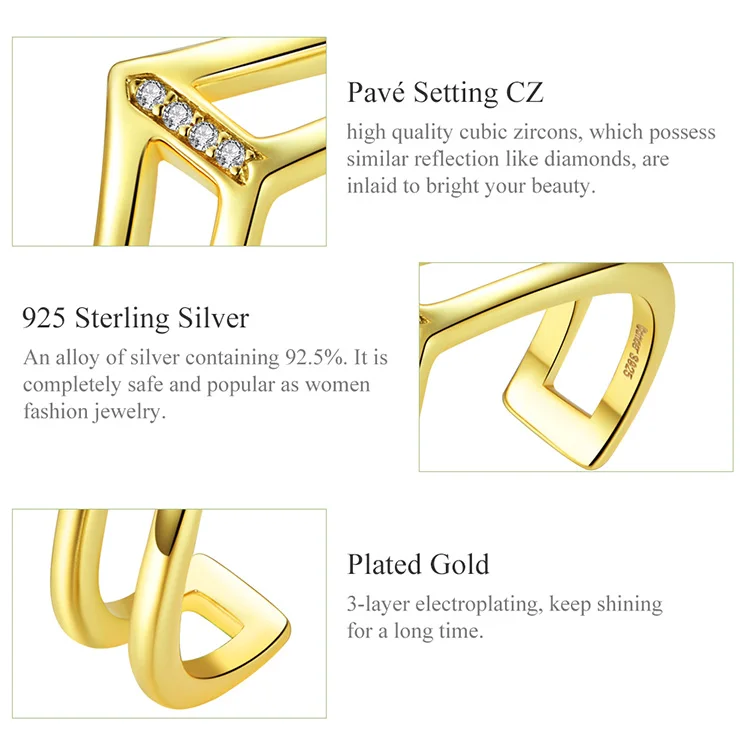 bamoer V shape Double Layer Finger Ring for Women 925 Sterling Silver Gold Color Fashion Korean Style Jewelry BSR040