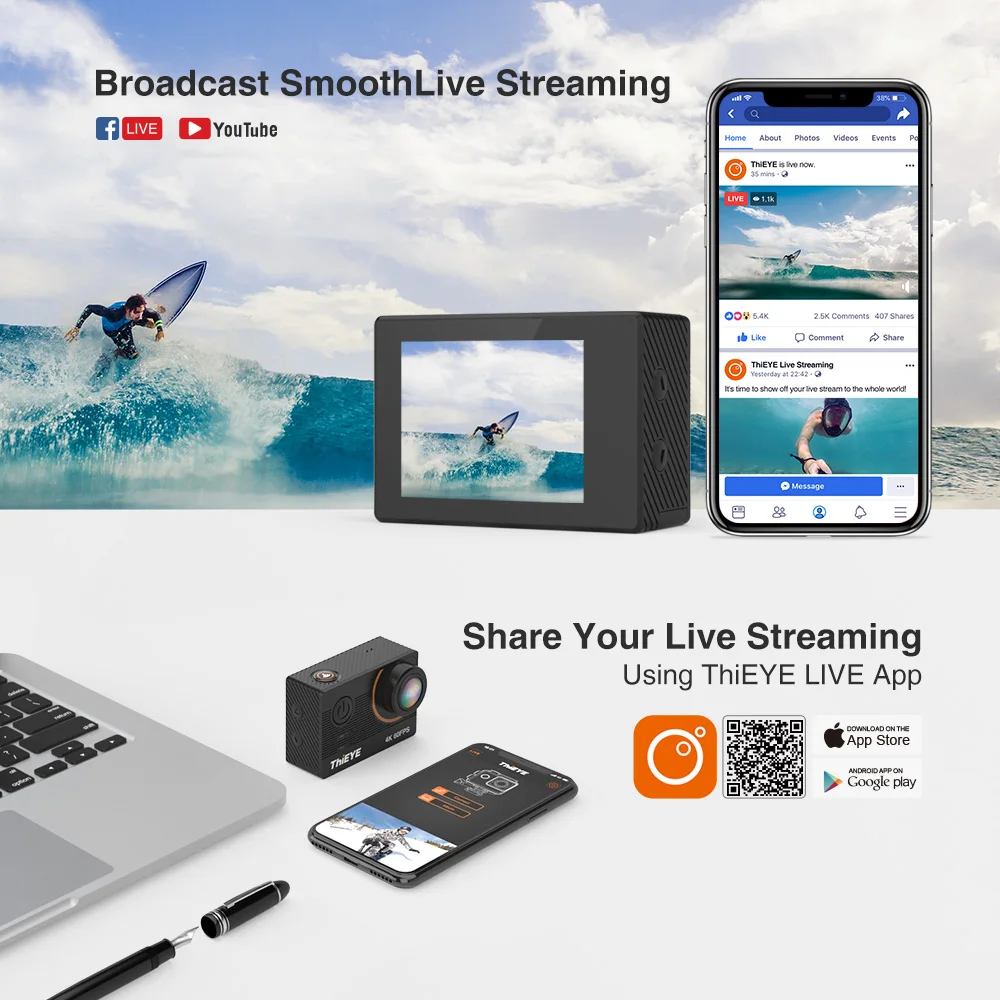 Экшн-камера theye T5 Pro Real Ultra HD 4K 60fps с сенсорным экраном, Wi-Fi, с пультом дистанционного управления, подводная спортивная камера 60 м