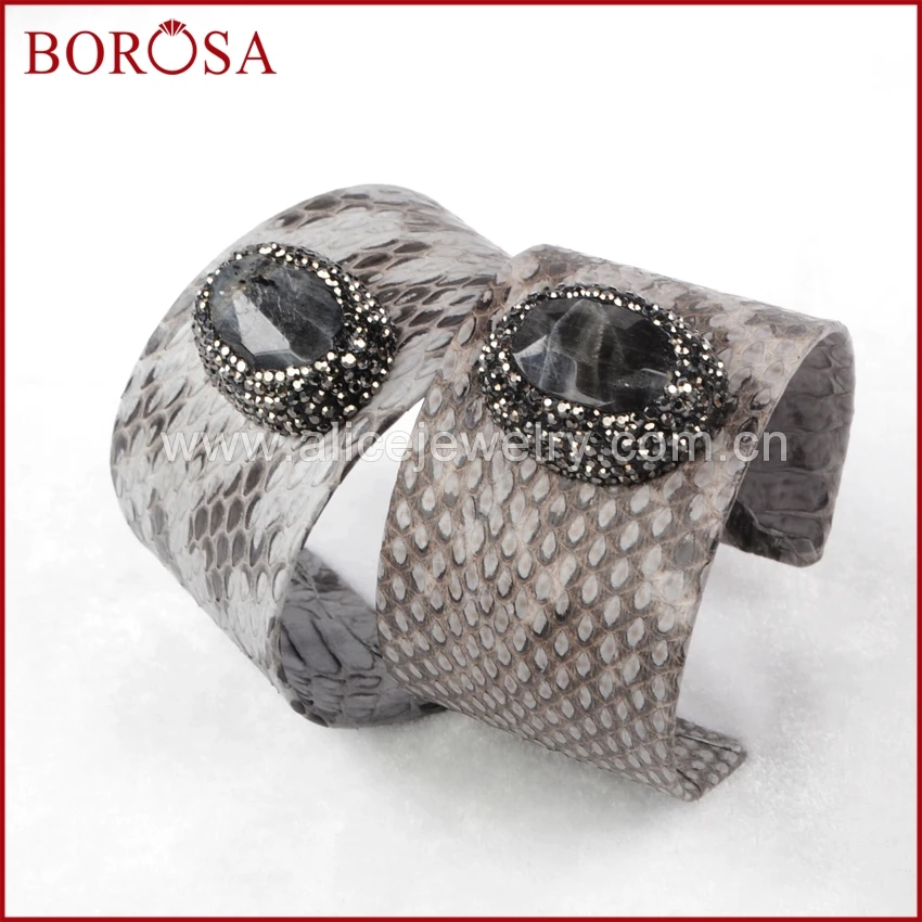 

BOROSA real snakeskin cuff bangle, with a big oval Labradorite stone adjustable bangle soft gems jewelry bangles JAB425