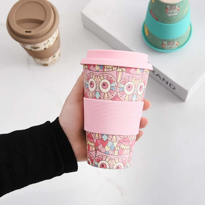 

Brand Heat Resistance Bamboo Fiber Mug Coffee Mugs With Silicone Lid Tea Milk Bear Cup Drinkware Water Bottle 400ML