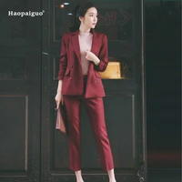 2 piece set women autumn black full sleeve vintage office suit top and red full length casual korean ol pants 2018 two piece set