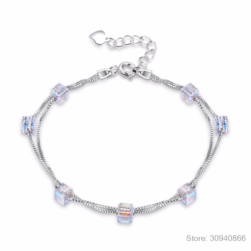LEKANI Square Crystals From SWAROVSKI 925 Silver Double Chain Link Bracelet Bangles Beads Accessories For Women Fine Jewelry
