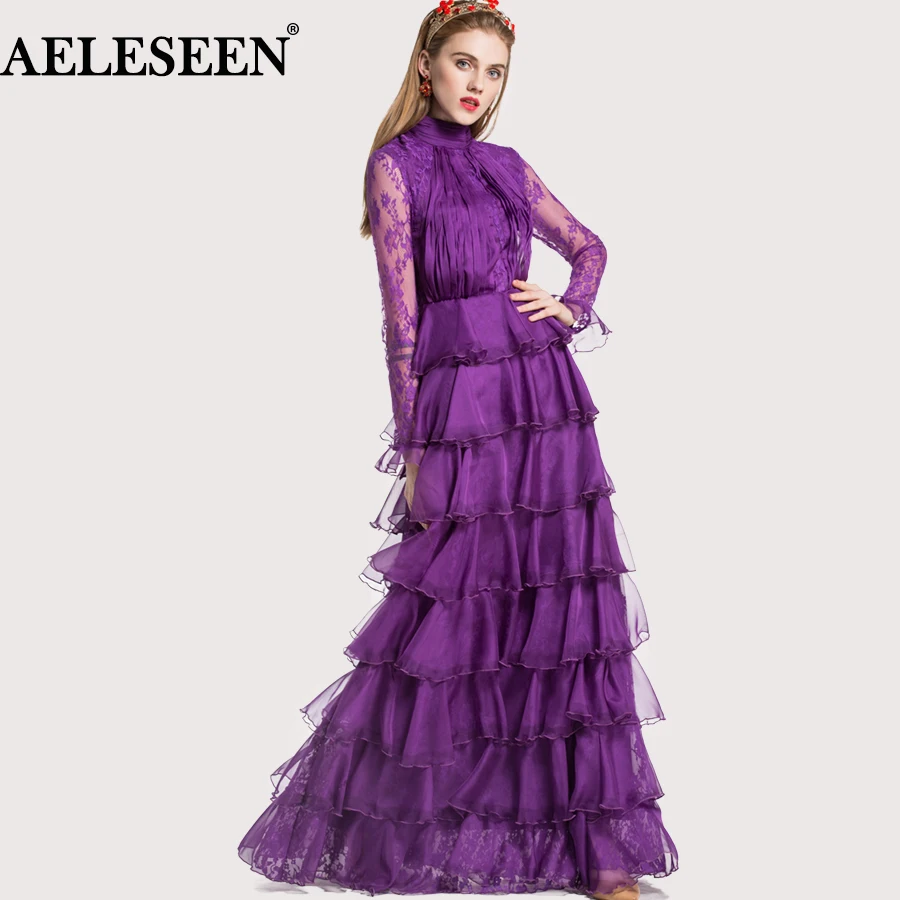 Женское кружевное платье длинное фиолетовое/Черное с длинным рукавом|Женские