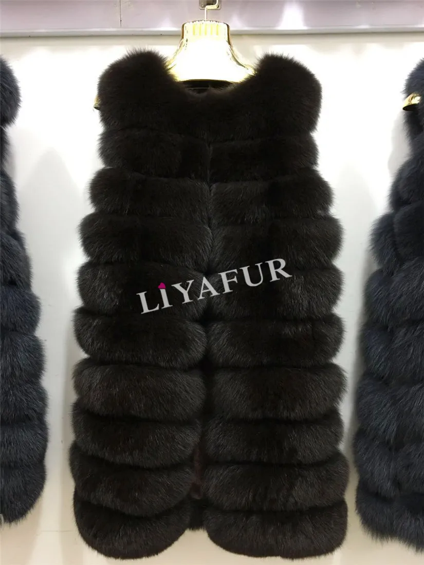 LIYAFUR натуральная толстый мех песца Длинный жилет для Для женщин без рукавов Модные пальто меховой жилет - Цвет: dark brown