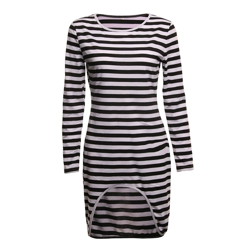 

Women Sexy Bodycon Dresses O-Neck Long Sleeve Striped Split Mini Female Clothes Woman Hip Package Dresses Vestidos WS9909V