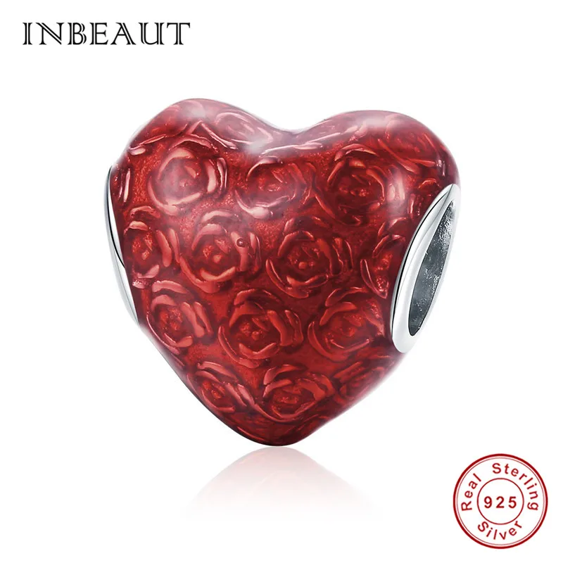 INBEAUT 925 пробы Серебряный Красный Китайский Персонаж Бог Лев Бусы для танца fit Pandora браслет роза Сердце Бабочка Подвески - Цвет: bad1064