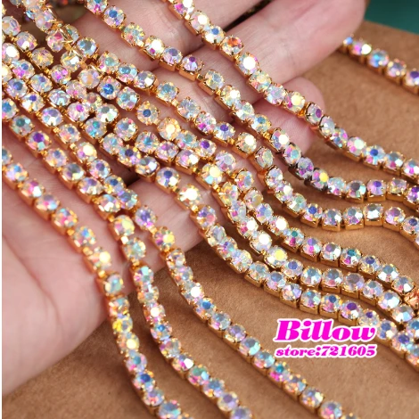 Стеклянная цепочка SS6 SS10 SS12 SS16 SS18 с кристаллами AB золотой основой для одежды