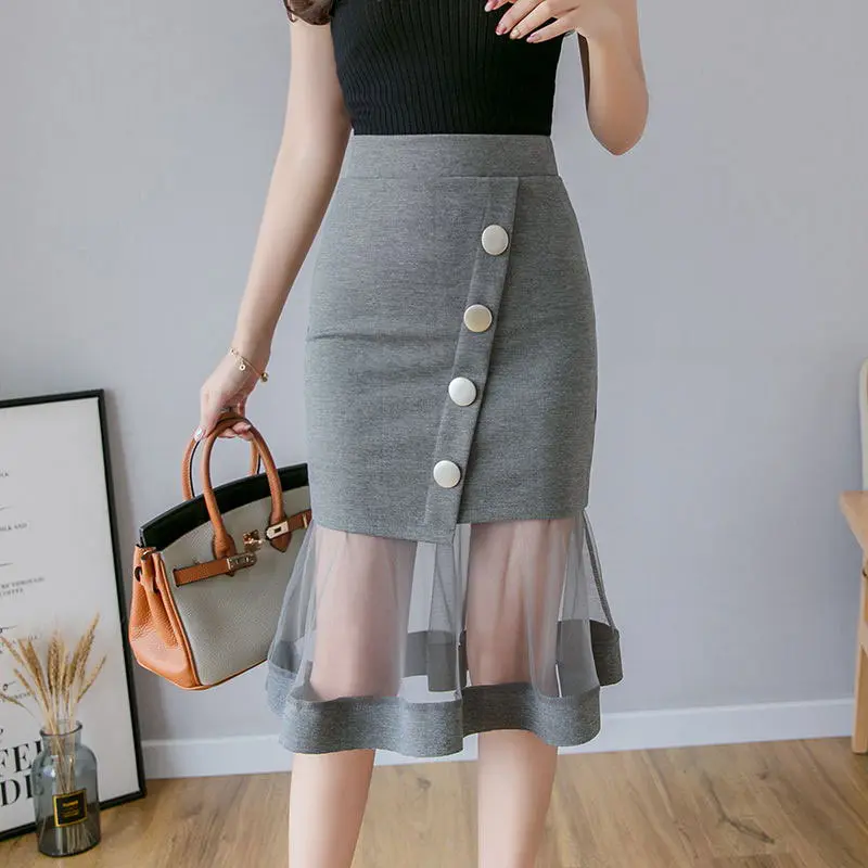 S-5XL New Women Skirt High waist Mesh patchwork Mermaid Skirt Slim Sexy Pencil Skirt Elegant button Office Ladies Skirts - Цвет: gray
