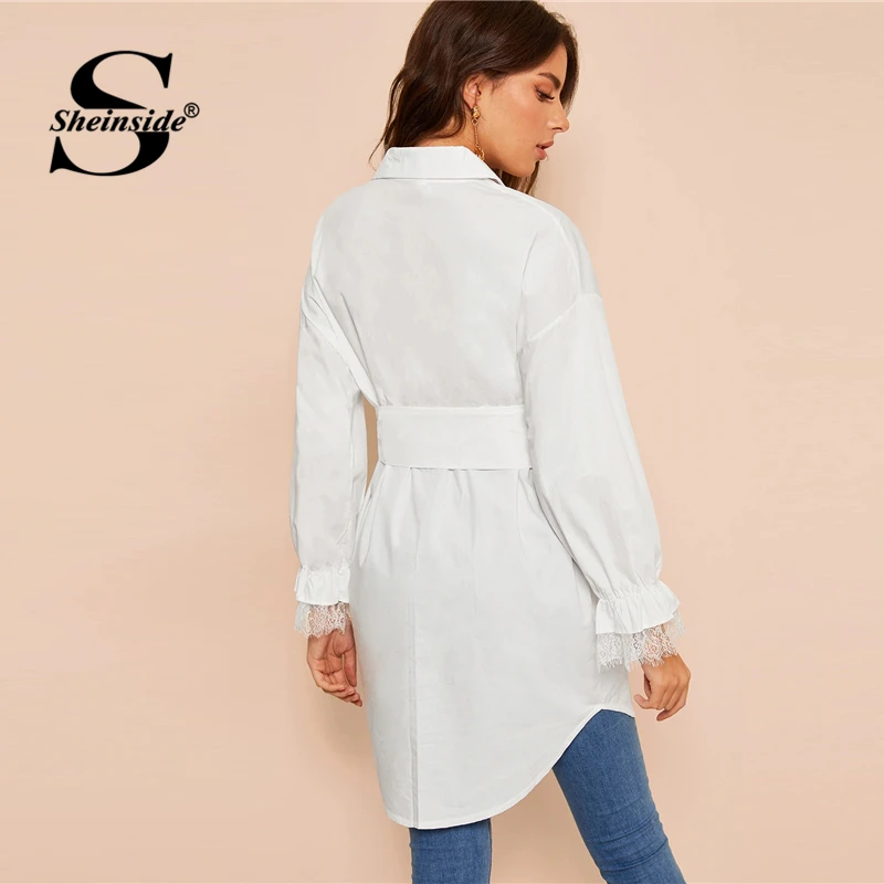 Sheinside белая элегантная Длинная блузка с поясом для женщин контрастный кружевной рукав-Волан блузки Женский однотонный минималистичный Топ