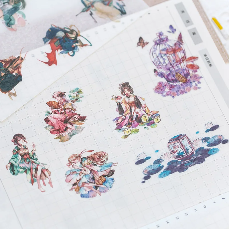 

6Sheets/Set Ancient Chinese Beauty Flower Girl Decoration Scrapbooking Stickers Transparent PVC Stationery Diary Stickers