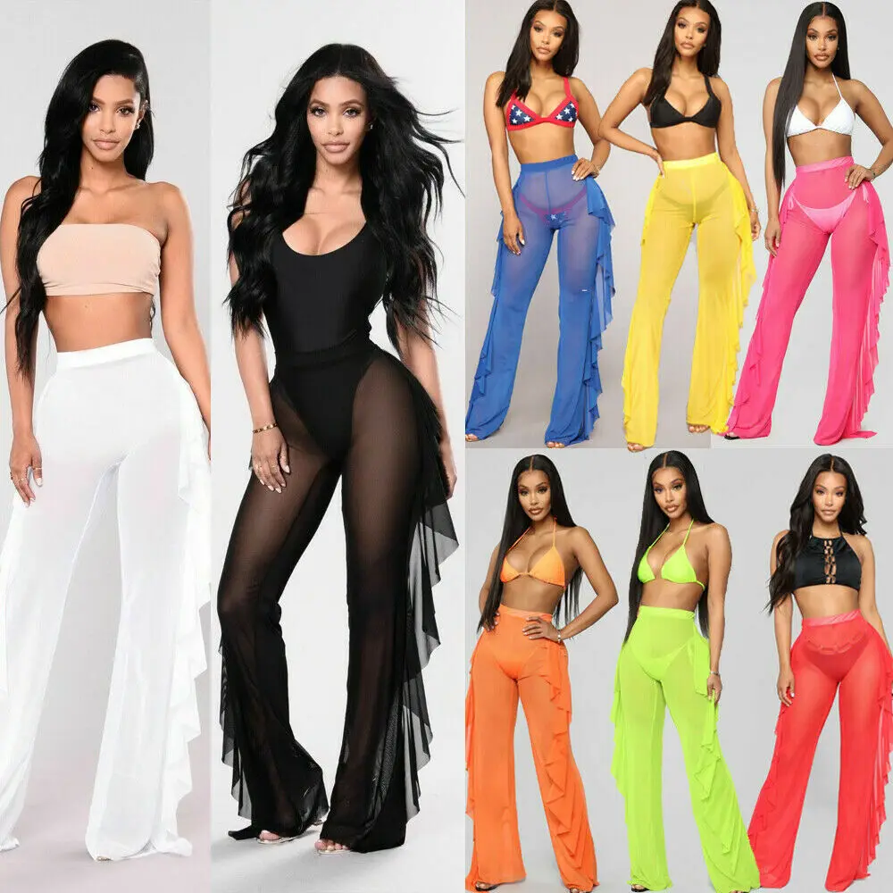 Женские сетчатые прозрачные широкие брюки женские пляжные бикини накидка