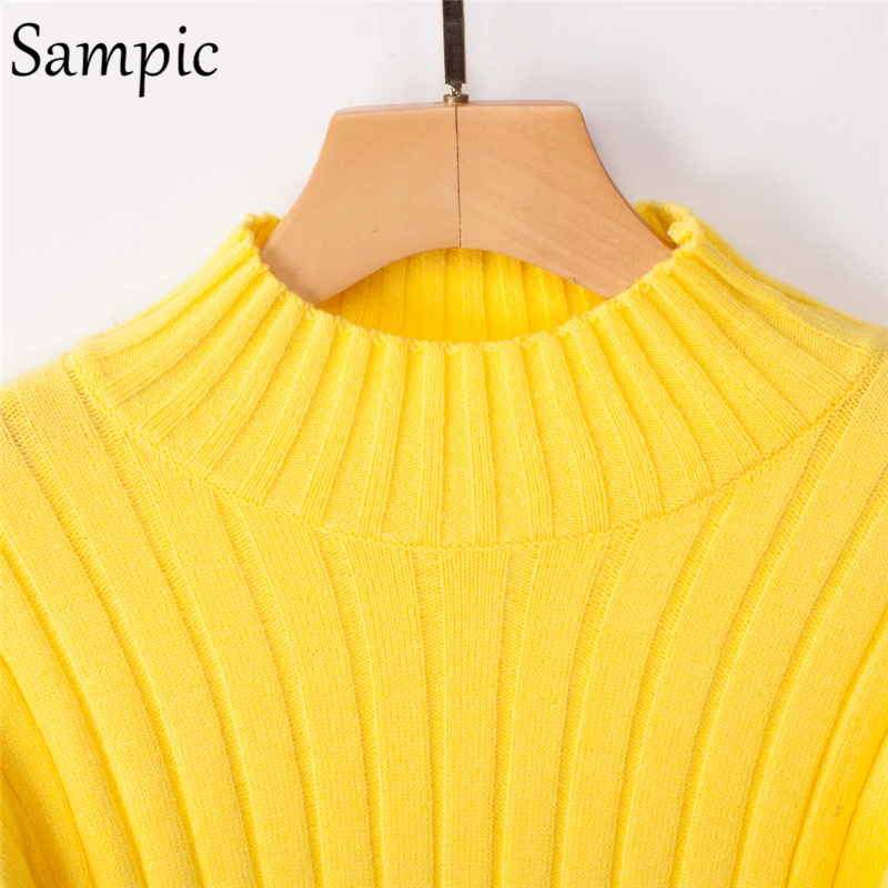 

Sampic women casual yellow knitted winter sweater turtleneck long sleeve oversized sweater and pullovers 2019