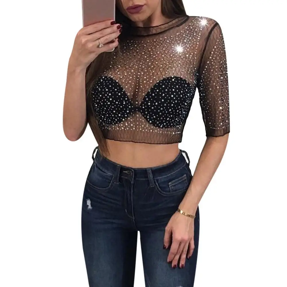 Пикантные Для женщин mesh sheer укороченный топ Блестящий Алмаз прозрачный короткая