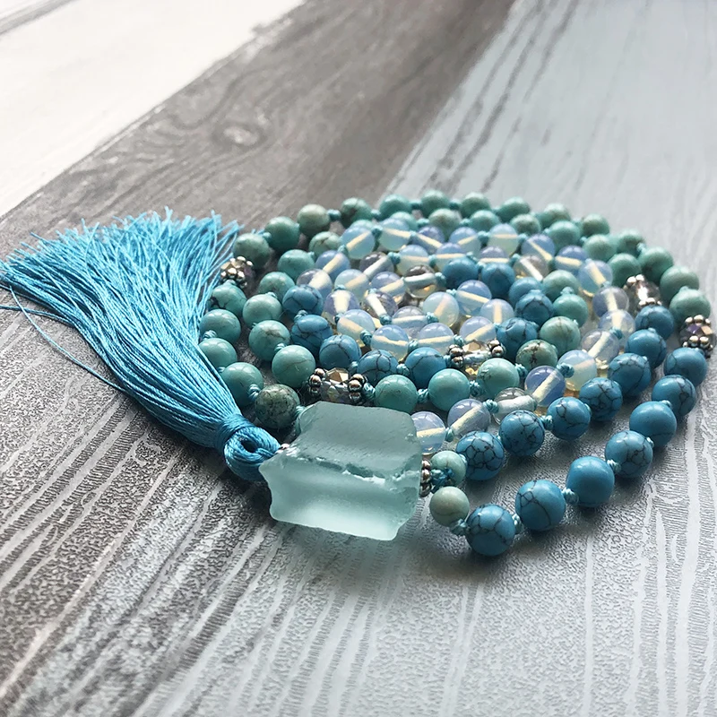 Уникальное ожерелье с кисточками Q-uartz s Moonstone &amp T-urquoise Mala Исцеляющие камни 108