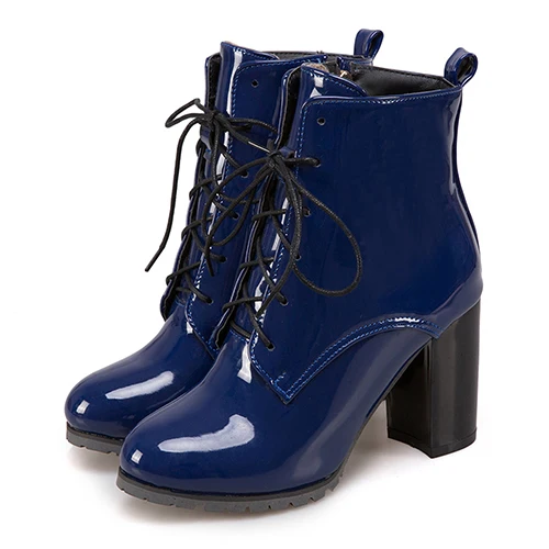 blue shoes Gdgydh/большой размер 48; женские ботинки из лакированной кожи; обувь на высоком каблуке со шнуровкой; Демисезонная обувь черного цвета; женские ботильоны на молнии - Цвет: blue shoes