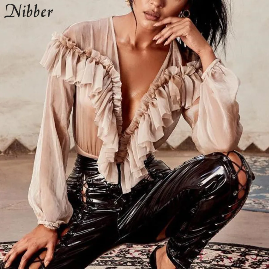 Nibber весна дикий элегантный черный длинный рукав боди 2019hot Модный французский романтический оборками офисный Женский Повседневный сексуальный боди