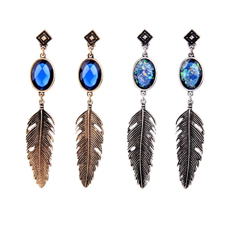 Nihaojewelry Retro Natural Stone Feather Pendant Earrings Gold Silver Color Alloy Fashion Jewelry for Woman |