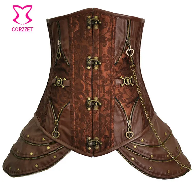 Steampunk Steel Boned Underbust Corset Female Brown Brocade With Skull Rivets And Chain Skirted Bustier Gothic Clothes For Woman
