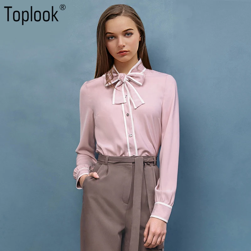 Toplook элегантные розовые женские блузки Топы 2017 новая мода лук с длинным рукавом