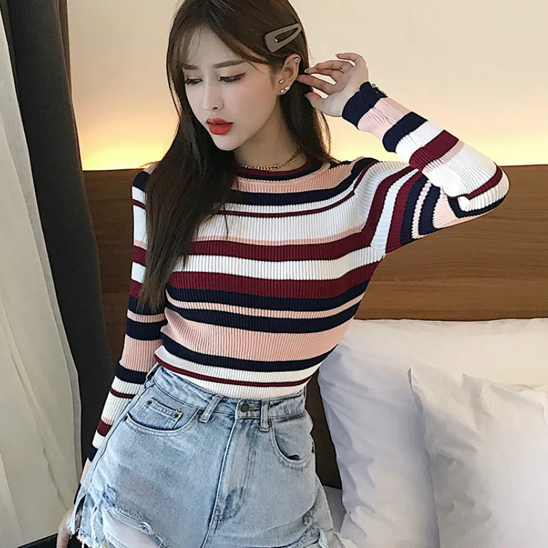 Sweater Sweters Women Early Autumn Long-sleeved Body-tight Striped Plus Size Christmas Knitted | Женская одежда