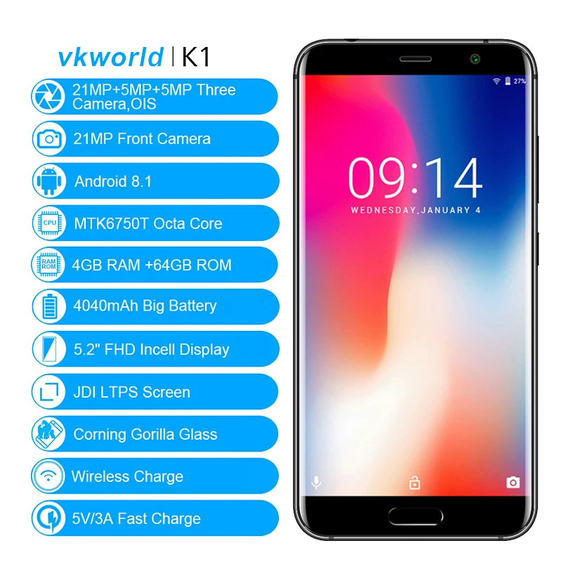 Vkworld K1 4G Смартфон Android 8 1 21MP 3 задних Камера мобильный телефон четыре ядра 4 Гб + 64
