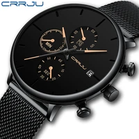 crrju 2019 new men watch simple chronograph mesh quartz watch classic black face with luxury rose golden pointers date clock