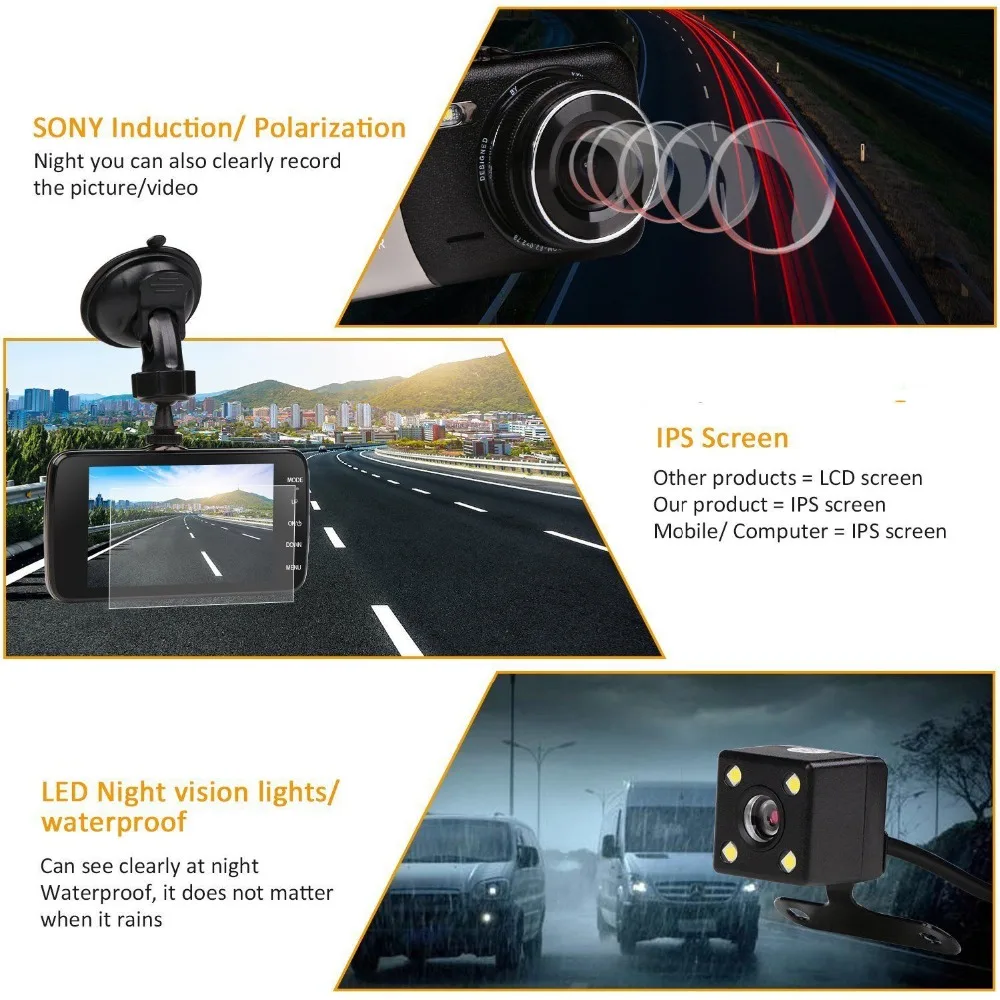 Автомобиль FHD 1080 P DVR 4 дюймов авто камера двойной объектив регистраторы ночное