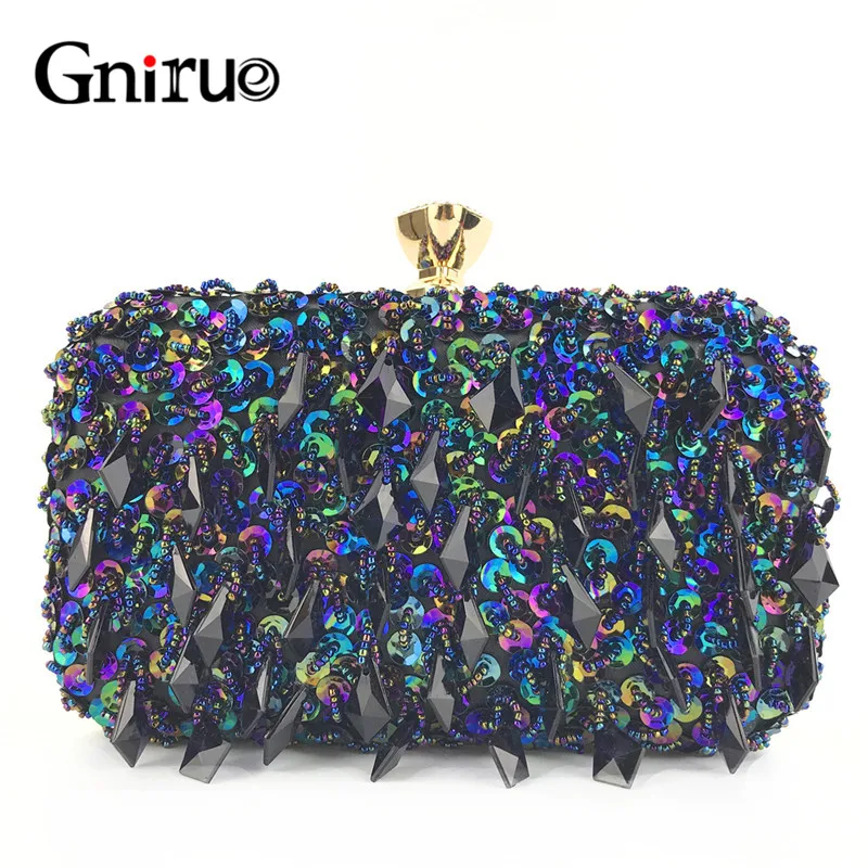 Синий/золотой/Черный Кристалл Бисероплетение женские вечерние сумочки для