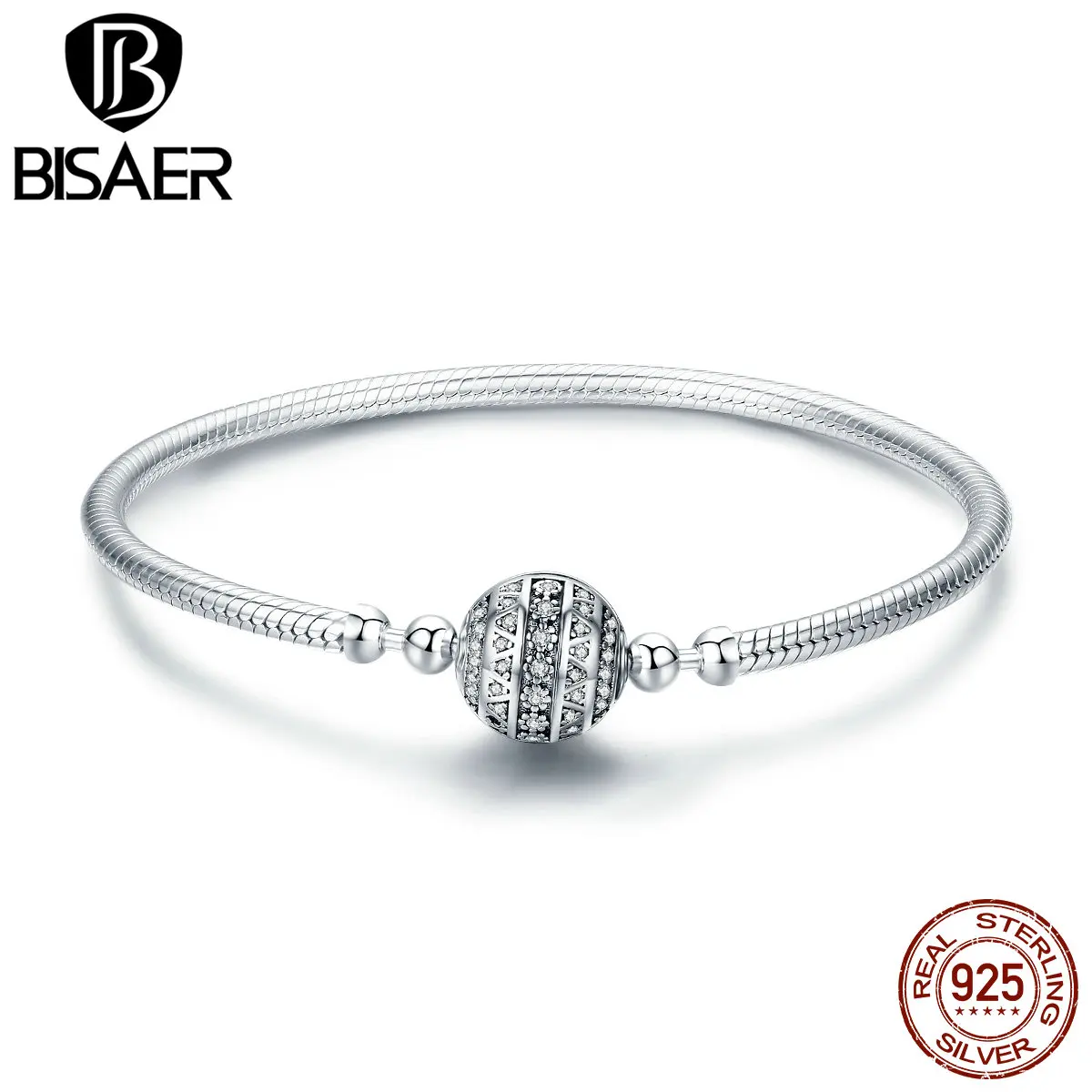 BISAER, подлинные, 925 пробы, серебряные, прозрачные, CZ, круглая застежка, Femme, змеиная цепь, браслеты для женщин, серебряные ювелирные изделия, Pulseira GXB062