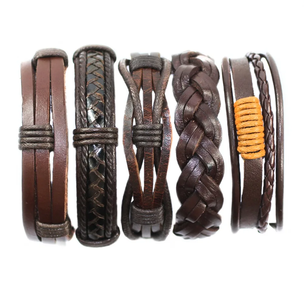 ZotatBele Handmade Vintage 5pcs/set ethnic tribal genuine bracelet wrap charming male pulsera brown braided leather bangle F63 | Украшения