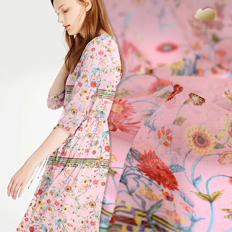 

Pink digital inkjet silk georgette fabric thin perspective scarf dress shirt silk fabric tulle fabric wholesale silk cloth