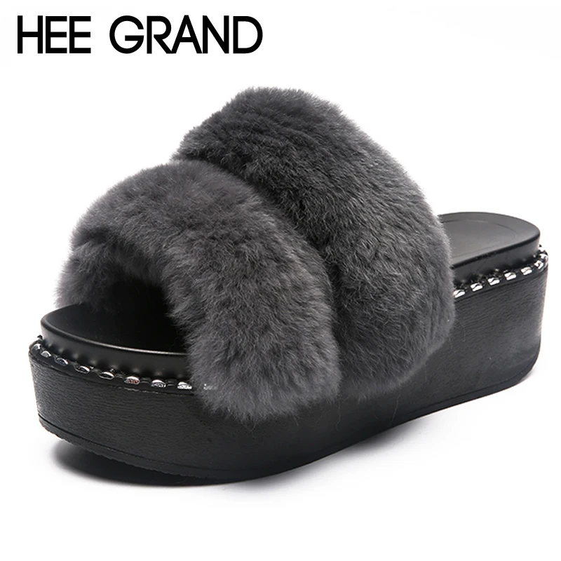 HEE GRAND/тапочки с искусственным мехом; пляжная обувь на платформе; женская обувь; коллекция года; сезон осень-зима; шлепанцы без задника; повседневная обувь на плоской подошве; 4 цвета; XWT1061