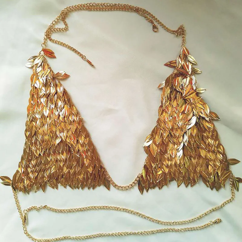 Sexy Leaf Chain Tops Women Summer Bikini Wear Chain Bralette Women Cropped Nightclub Party Festival Wear Jewelry CRHC914