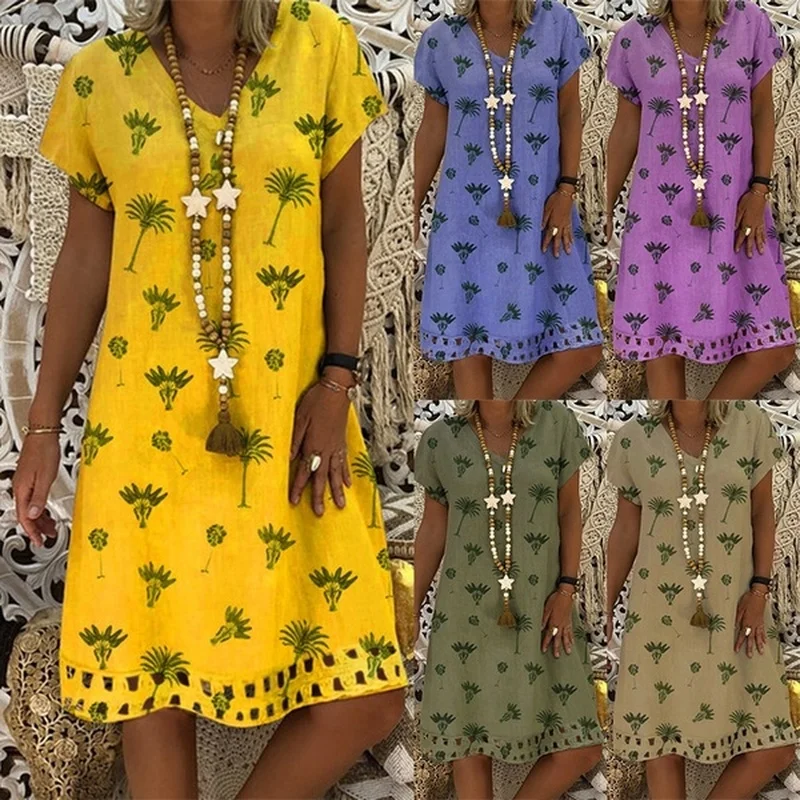 Женский сарафан туника с коротким рукавом мода 2019 Новый кокосовое печати V