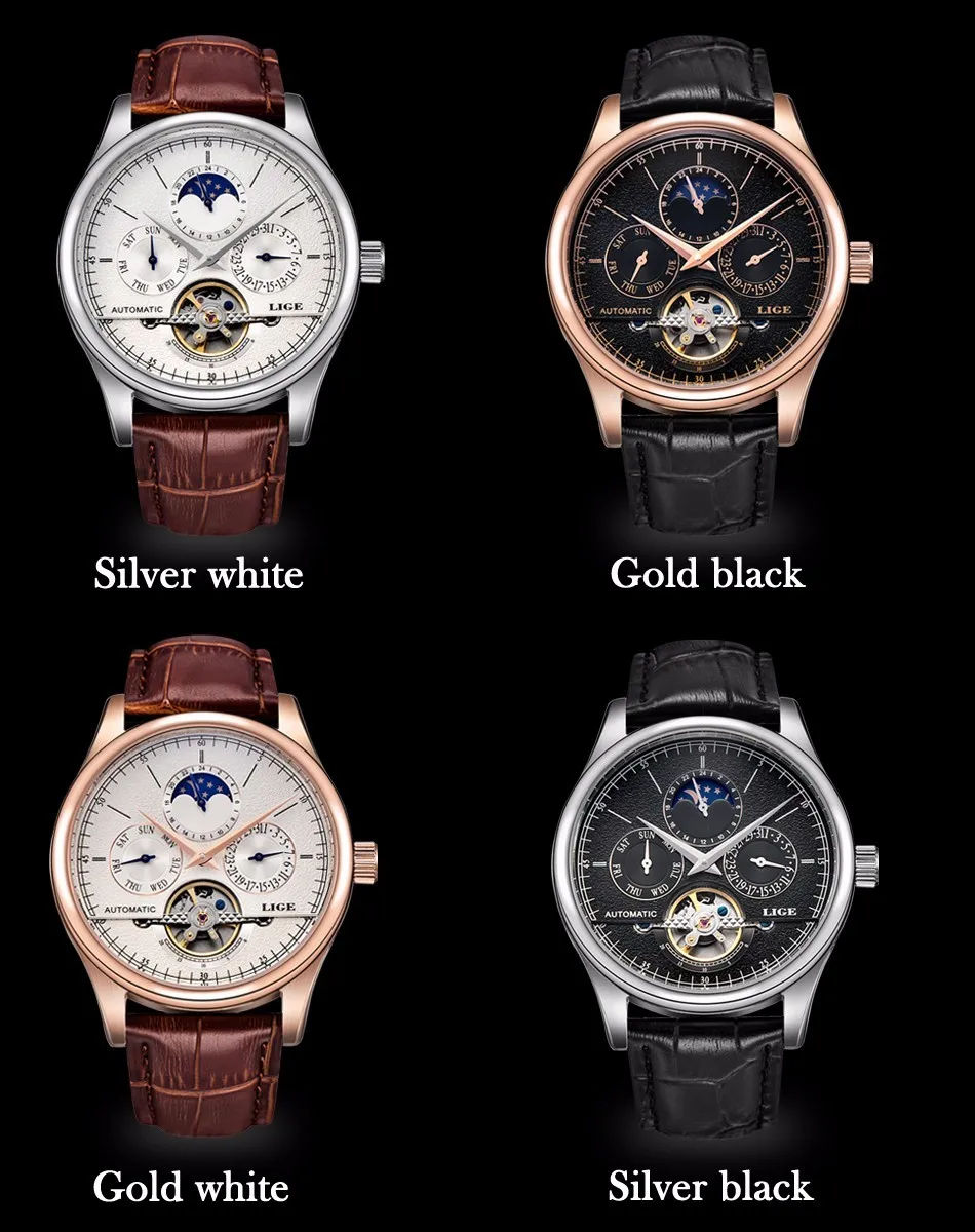 LIGE, Брендовые мужские часы, автоматические механические часы, Tourbillon, спортивные часы, кожаные, повседневные, деловые, наручные часы, золотые, Relojes Hombre