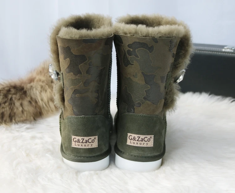 G& ZaCo/Роскошные зимние сапоги из овечьей кожи; Цвет зеленый, камуфляжный; Натуральная шерсть; зимние сапоги до середины голени на плоской подошве; женская теплая обувь на меху, украшенная кристаллами